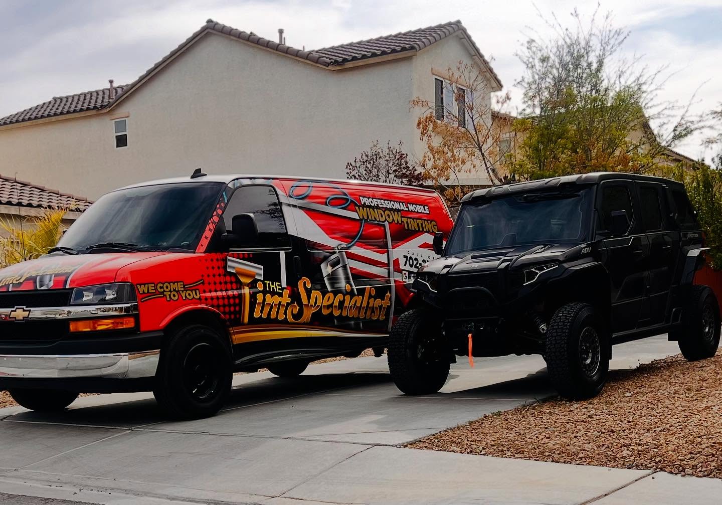 The Tint Specialist - mobile tinting van servicing an off-road ATV in Las Vegas The Tint Specialist - mobile tinting van servicing an off-road ATV in Las Vegas